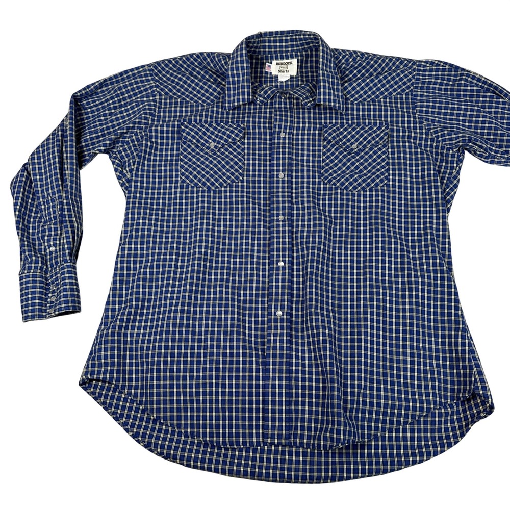 Ruddock XL Blue Plaid Pearl Snap Western Long Sleeve‎ Shirt USA Vintage Cowboy